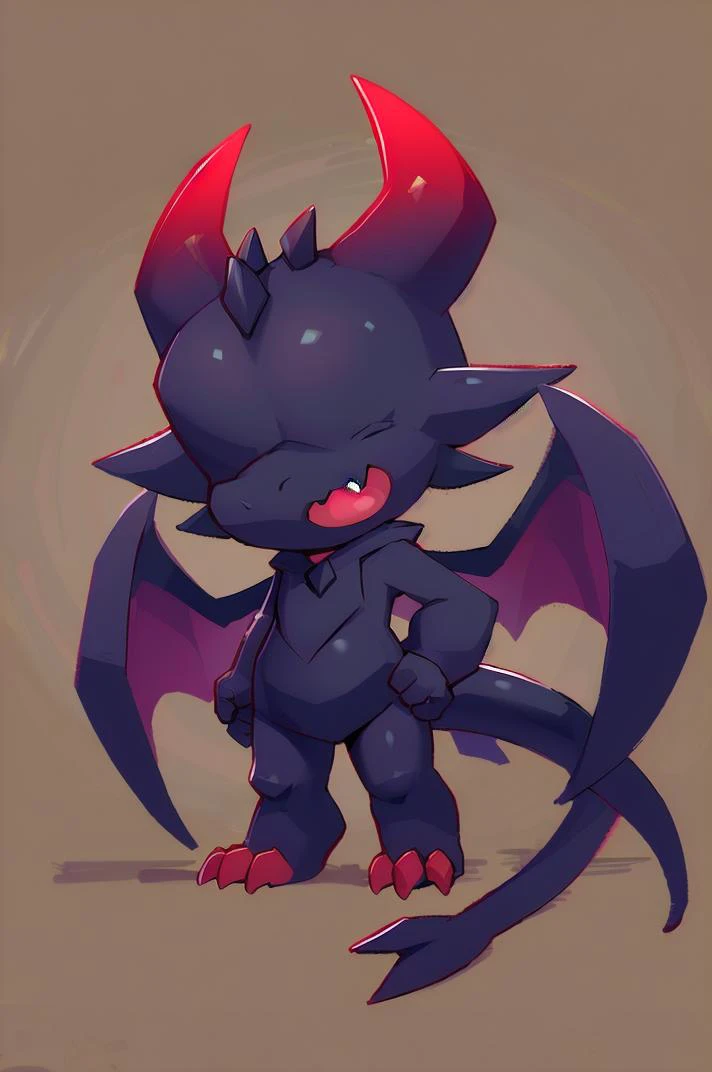 (best quality, masterpiece, hires), <lora:Arco_-_Marco_and_the_Galaxy_Dragon:0.8>, ((chibi)), (Ally, eyeless), horns, dragon, tail, wings, fangs, black body, scalie, black scales