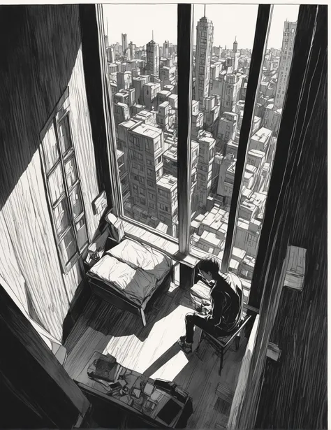 Scratchy ink sketch, (Cityscape from above:1.3), Fisheye view, Tall windows, Stark lines, (Woodcut shadows:1.2), Sitting on bed, Darkened faces, Angular features, Hungry gazes, (Minimalist-realistic style:1.2), Distorted perspectives