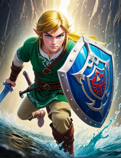 Medium format hyper-realistic photo, (Young warrior Link battling:1.3), (Fluid sword fight:1.3), (Hylian Shield:1.3), (master sword:1.3), (Link clothes:1.3), Shiny wet skin features, Shirt in tatters, Muscular build, (Vivid color palette:1.2), Short torn pants, Striking muscularity, Stunning visual impact, Dynamic vitality, Vibrant coloration.