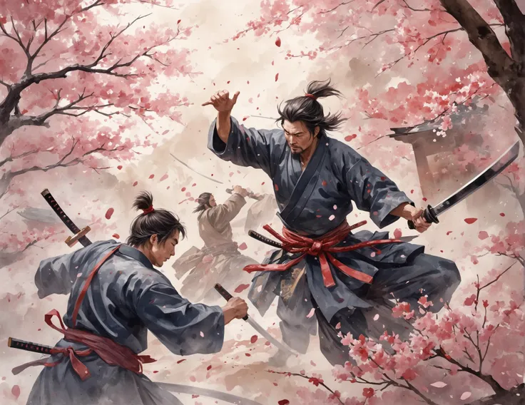 Wide angle watercolor painting, (Samurai severing rival's head:1.3), Dynamic composition, Swift blade movement, Spurting blood, (Detailed expression:1.2), Traditional ornate katana, Intense battle scene, Ancient ambiance, Cherry blossom petals swirling, (Soft lantern light:1.2), Masterful brushstrokes, Authentic color palette, Historical drama