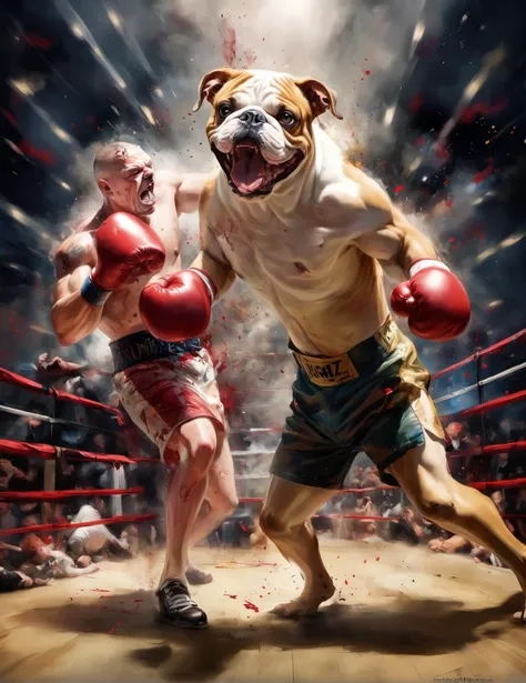 Wide angle digital painting, (Intense hmnzct Australian Bulldog boxing match:1.3), Dynamic composition, Aggressive punches, (Splattered blood:1.2), Roaring crowd, Fierce rivalry, Victory cries, (Thrilling energy:1.2), Harsh lighting contrasts, Captured with Windsor & Newton oils on canvas <lora:Humanizer XL:1>