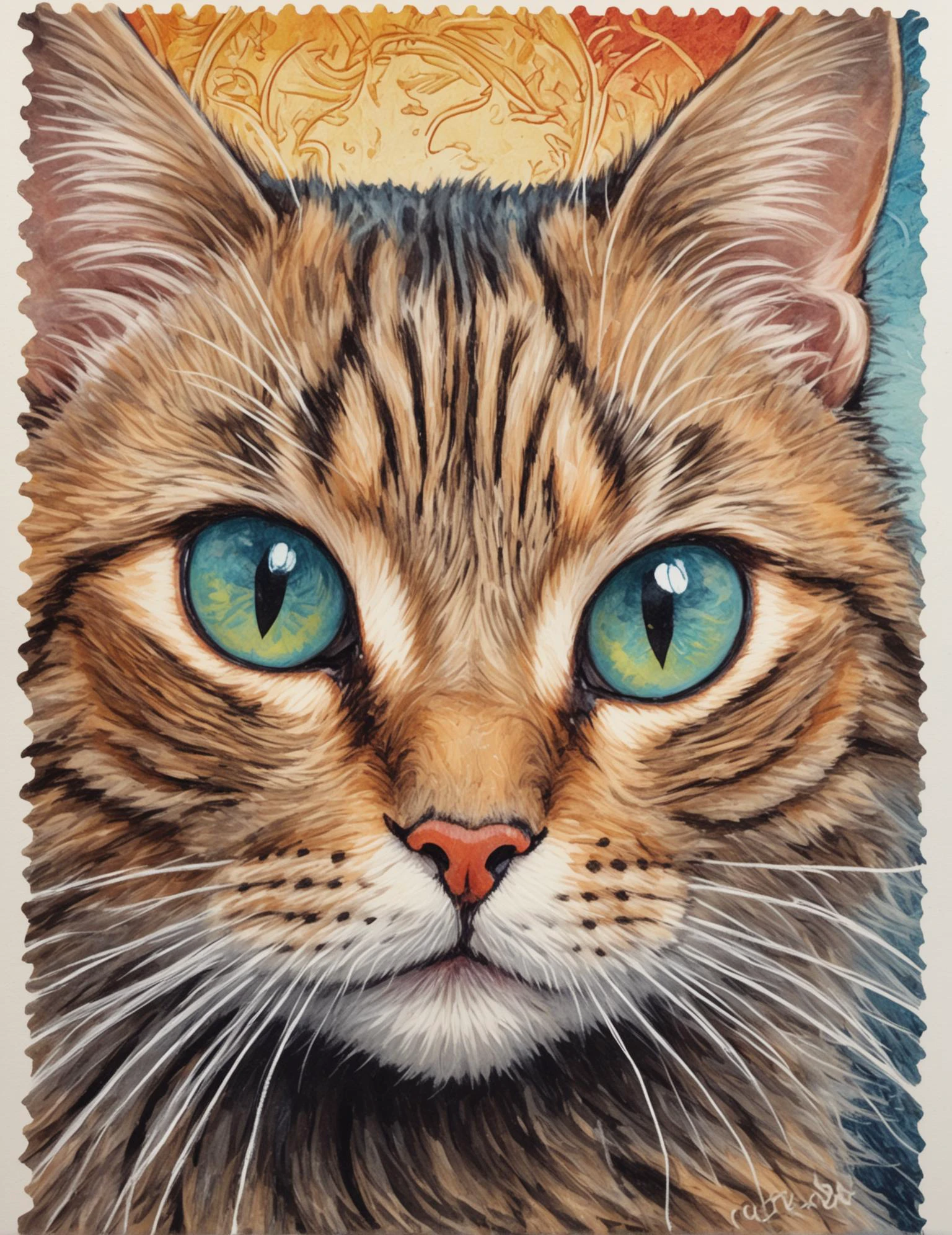 Medium close-up acrylic painting, (Curious cat banknote stamp:1.3), Centered balance, Detailed patterns, Colorful fur, (Intricate borders:1.2), Precise design, Value indication, Eye-catching features, Authentic textures, (Rich coloration:1.2)
