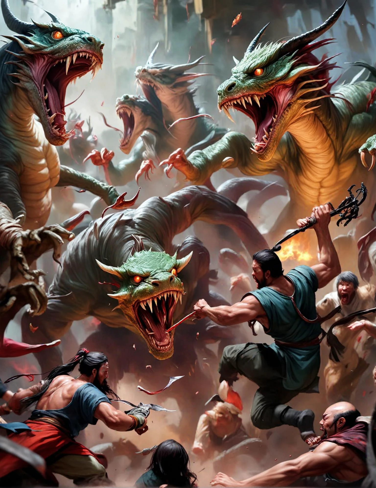 Close-up Chinese digital painting, (Intense fight:1.3), (Aggressive hmnzct Mal Shi and Slow Worm combatants:1.3), Splattering blood, Hostile expressions, Eager spectators, Dynamic energy, Dramatic lighting <lora:Humanizer XL:1>