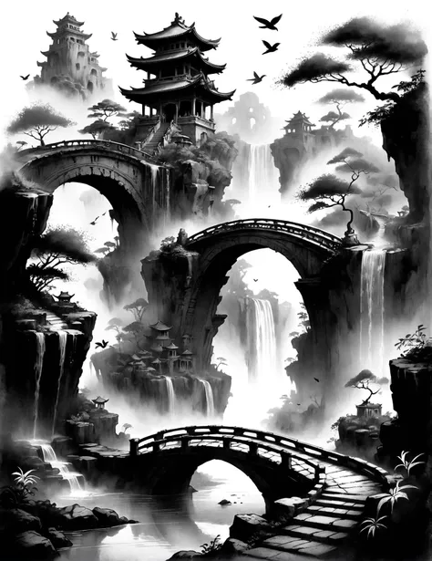 Medium format charcoal sketch, digital 2.5D, (Mystical floating islands:1.3), Dynamic composition, Lush vegetation, Spiraling pathways, (Misty atmosphere:1.2), Ancient ruins, Ornate bridges, Fluttering birds, Cascading waterfalls, (Sublime beauty:1.2), Traditional charcoal work, Intriguing shadows, Textured application, Dreamlike allure, crafted in japanese manga style