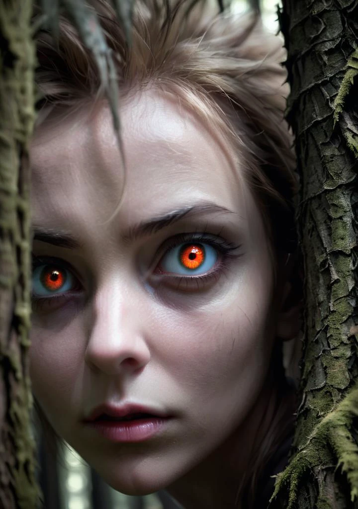 a closeup of a woman with intense eyes, peering through the shadows of a creepy forest