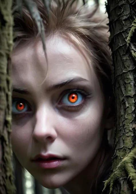 a closeup of a woman with intense eyes, peering through the shadows of a creepy forest