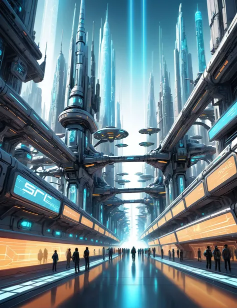 Wide angle digital illustration, (Sci-fi metropolis:1.3), Rule of thirds composition, Futuristic architecture, Advanced robotics, (Gleaming metallic surfaces:1.2), Aerial walkways, Holographic displays, Buzzing with activity, Cybernetic enhancements, (Digital glow:1.2), Created with precise digital techniques, Luminous color palette, Dynamic perspectives, Hi-tech atmosphere