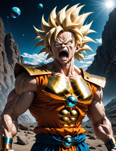 realistic 8K raw photography, (Long super Saiyan 3 blonde hair Man in diamond hdsrmr:1.3), Intricate details, (Reflective surfaces:1.2), Steel embellishments, (Super Saiyan rage aura:1.4), screaming, expelling his rage, looking at the sky, weight lifting posture, Dramatic shadows, (Light cascading:1.2), (full body view:1.3), Captured with a Sony Alpha a7R IV, 50mm f/1.8 lens, High definition clarity, Raw intensity, Detailed textures, stunning planet namek background <lora:Armor from HaDeS XL v3.4 Lite:1>