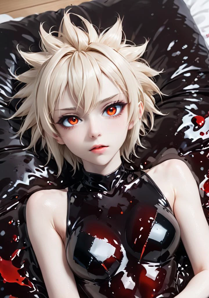 phyraa_xl laying on a bed made of dark liquid, anime