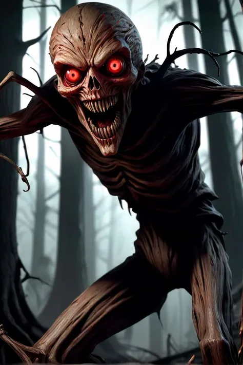 a close up of a creepy looking creature in a forest, resident evil virus concept art, large eyes and menacing smile, jump scare, red giant, d&d art, evil standing smiling pose, tortured face made of wood, kerem beyit, stranger things vecna, the reaper as a scary, an eerie