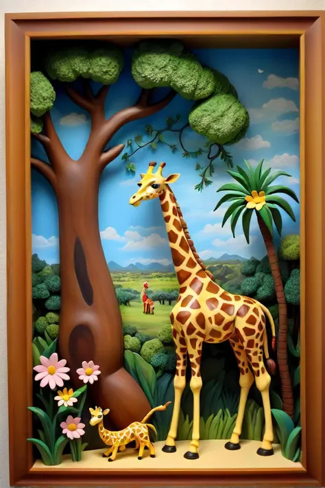 there is a giraffe standing in a frame with a tree and flowers, giraffe, large diorama, giraffes, wood art, painting of, sofie the giraffe, in style of henri rousseau, 3 d oil painting, 3d dragon giraffe hybrid, african savannah, giraud, highly detailed sculpey diorama, life size, jungle scene, animal painting