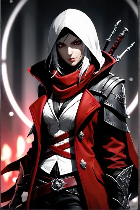 arafed image of a woman with a red scarf and black and white hair, ominous assassin, full body character portrait image, assasin, an edgy adult assassin, the omnipotent assassin, assassin, female rouge assassin, adult male, long dark hair, vampire, red coat, mysterious and powerful presence, arcane vi, portrait ezio auditore as female, manhwa, arcane : video game, diverse, colorful, fantastical, detailed character, arknights, assassins, realistic, field, photo background,highly detailed,24mm photograph, film, bokeh, professional, 4k,