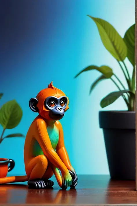 in this vibrant scene, a small orange monkey figurine is sitting on a wooden table. the monkey has large black eyes that seem to sparkle with life. beside the monkey, there's a terra cotta pot housing a lively houseplant. the plant boasts long, slender leaves of various shades of green and yellow, adding a touch of nature to the setting. the background features a striking blue gradient, creating an exuberant atmosphere. in the distance, a red blur suggests movement or energy, perhaps hinting at other elements of this scene waiting to be discovered.
