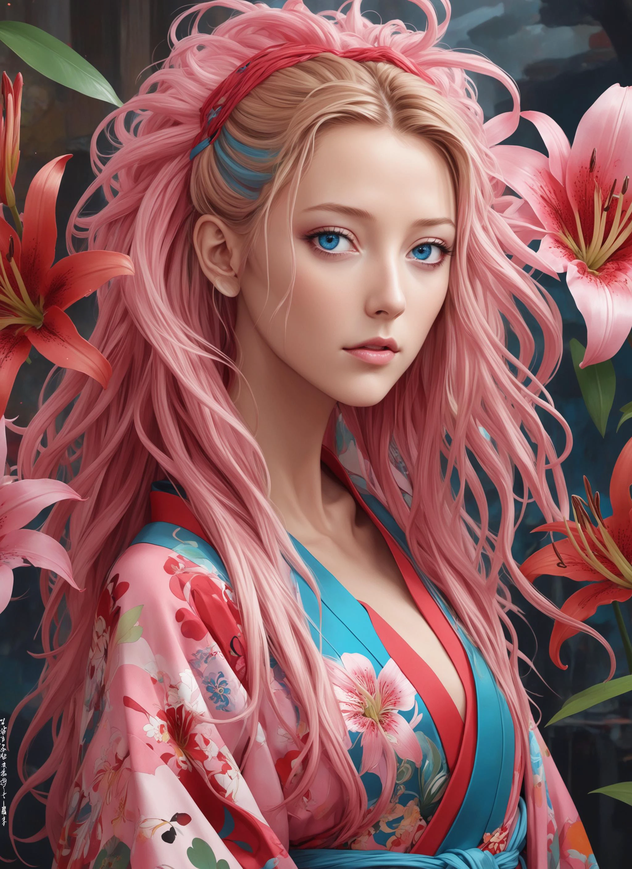 epresentation of person plus grow fashionable with pink long messy bangs and large blue eyes, with slit pupils visible undergarments and colorful dreadlocks, elaborate delicate glorious perfect kimono set, luxearte portrait, dream and tragedy, vivid crimson lilies, artgerm, ruan jia, ross tran, wlop, takashi murakami, studio ghibli