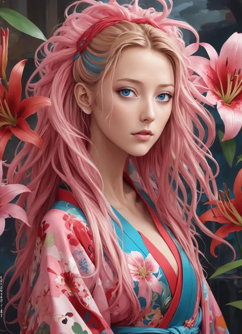 epresentation of person plus grow fashionable with pink long messy bangs and large blue eyes, with slit pupils visible undergarments and colorful dreadlocks, elaborate delicate glorious perfect kimono set, luxearte portrait, dream and tragedy, vivid crimson lilies, artgerm, ruan jia, ross tran, wlop, takashi murakami, studio ghibli