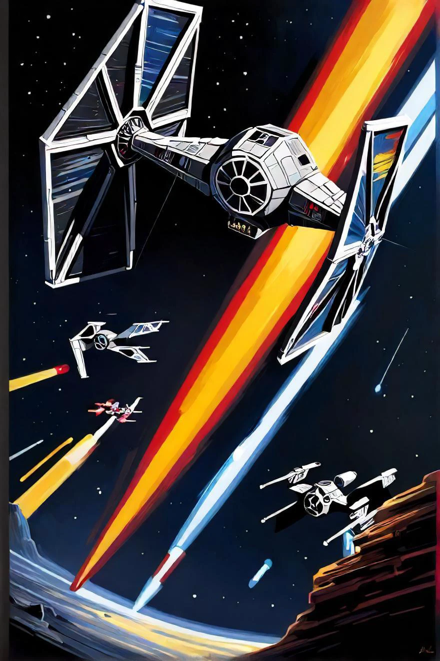 painting of a tie fighter in a red, blue, and yellow painting, tie fighter, tie fighter, tie fighters, sitting in his tie fighter, science fiction space opera art, tie fighters patrolling, x wing starfighter, painting by dan mumford, x wing, star killer, in the style dan mumford artwork, x wings, boldly inked gouache artwork
