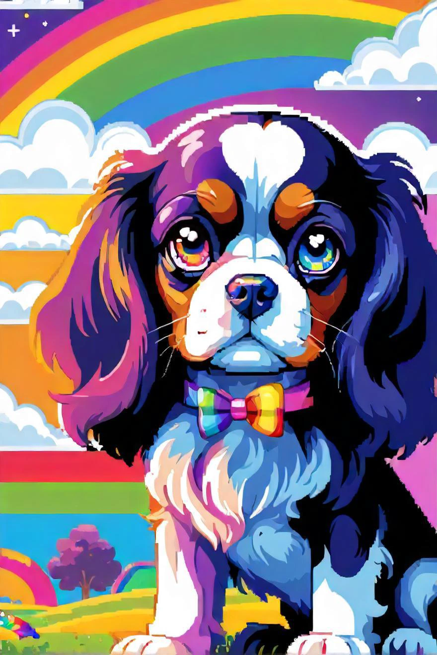a close up of a dog sitting in a field with a rainbow in the background, portrait of a lisa frank, detailed pixel artwork, pixel artwork, lisa frank, cavalier king charles spaniel, rainbows in the background, lisa frank & sho murase, colorful pixel art, in a lisa frank art style, blotter art, by lisa frank, digital pixel art