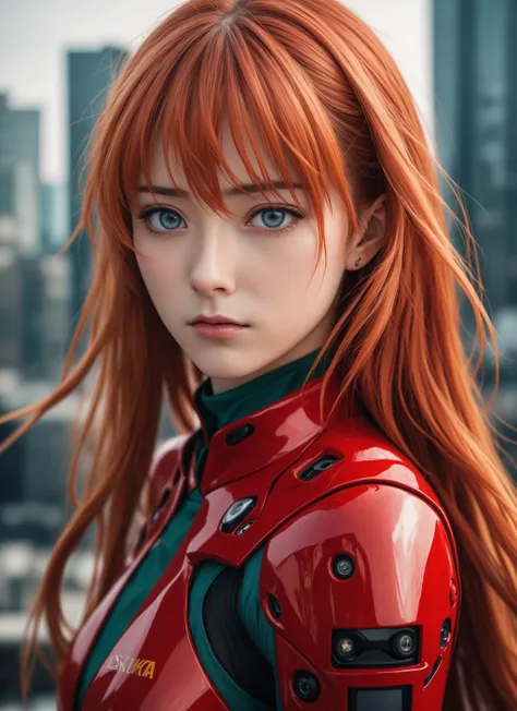 Medium close-up realistic 8K raw photography, (Captivating Asuka Langley Soryu portrait:1.3), Balanced composition, Piercing gaze, Intricate attire, (Emotive expression:1.2), Urban cityscape background, Contrasting colors, (Soft natural light:1.3), Shot with a Nikon D850, Nikkor 85mm f/1.4 lens, Crisp details, Realistic skin tones, Emotional depth