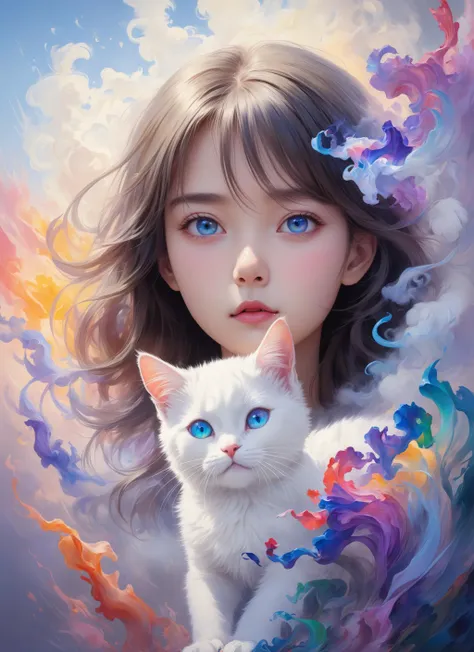 (((masterpiece))), ((ultra-detailed)), Abstract style cute, smoke, in the sky, colorful and vibrant, mystical colors, contemporary impressionism, yanjun cheng portrait painting, iridescent perspective view ,low angle, sweeping circling composition, large beautiful crystal eyes, big irises, UHD, HDR, 8K, the most beautiful portrait in the world, white little cat, Non-representational, colors and shapes, expression of feelings, imaginative