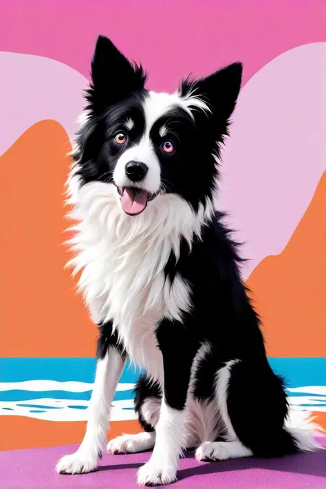 in the midst of a vibrant, abstract background that transitions from orange to pink hues, a black and white dog with shaggy fur sits on a textured surface resembling a beach. the dog's eyes sparkle with curiosity as it tilts its head slightly to one side, displaying a playful demeanor.