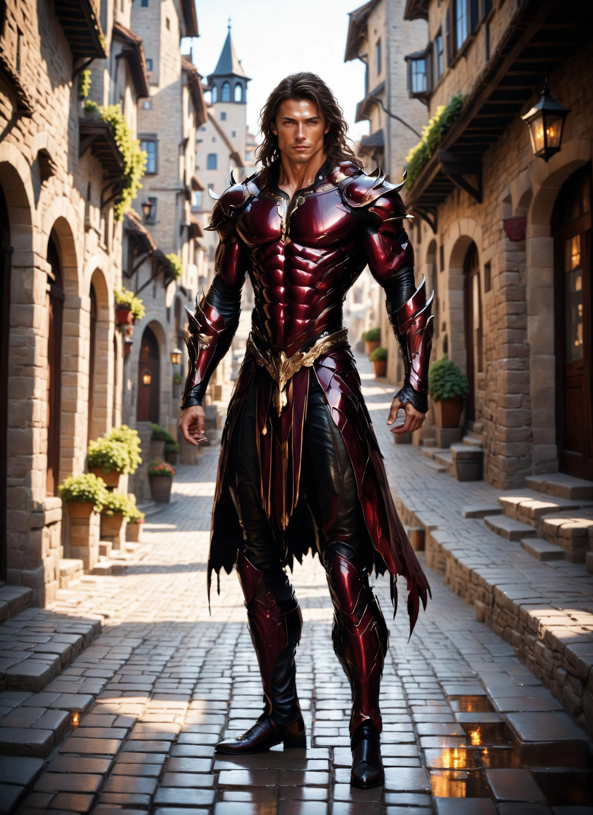 Split Diopter Shot for Foreground Detail view, photorealistic 8k raw photography, male in Dark Brown hdsrmr, long hair burgundy Choppy crop, Intricate details, shapeless physique, Enhanced reflection, Dynamic stance, Fiery aura, Insane color palette, Cobbled Streets in European Villages background, Shimmering reflections, Mysterious lighting, Intriguing setting <lora:Armor from HaDeS XL v4.0 ReTRaiNeD:1>