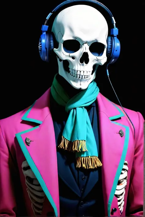 in the victorian era, a man stands confidently in front of a dark background. his face is hidden behind a striking white skull mask adorned with blue accents. the skeleton's eyes are hollow, giving it an eerie yet captivating appearance. he is dressed in a vibrant ensemble that includes a red jacket layered over a pink shirt and complemented by a green scarf wrapped around his neck. a pair of black headphones rests on his head, contrasting against the bright colors of his attire. the skeleton exudes a sense of mystery and intrigue, reminiscent of the darker aspects of the victorian period.