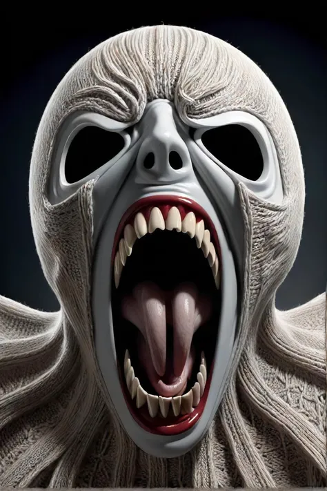 arafed knitted mask of a screamer with a scream on it, an album cover inspired by igor morski, featured on zbrush central, stuckism, screaming face, mouth open in a terrifying roar, the scream, intricate details, cinematic,
