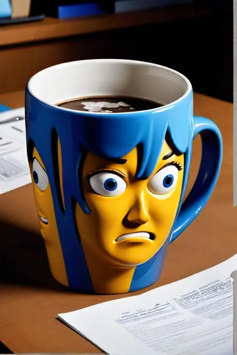in the middle of a bustling office, on a cluttered desk with scattered papers and discarded coffee cups, sits a new ceramic mug. its dark brown surface is adorned with faces painted in hues of blue and yellow, each face seemingly reflecting different emotions. from this mug, water cascades down, symbolizing the ebb and flow of success and failure. on one side of the mug, the face radiates a warm smile, embodying the sense of achievement and satisfaction that comes with hard work. yet, on the other side, another face displays a frown, representing the disappointment and frustration that often accompanies setbacks and failures. the mug stands amidst the chaos, its dual expressions contrasting with the disarray around it. despite the jumble of papers and cups, the mug stands tall and unyielding, a testament to the cyclical nature of success and failure in life's journey.
