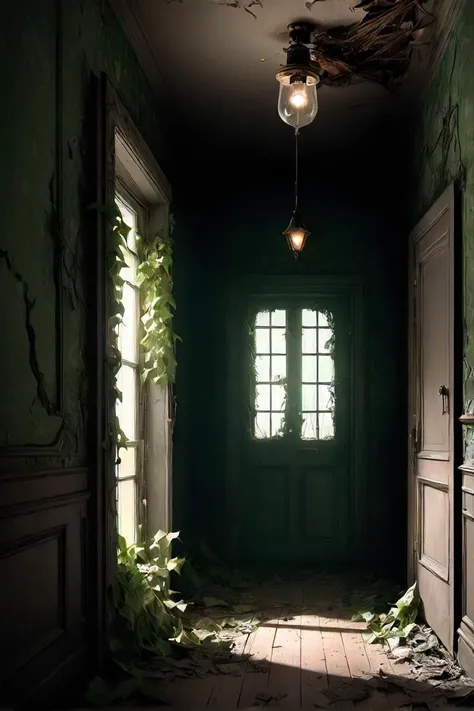 in the depths of a dilapidated mansion, a adventurer finds themselves standing in a long hallway. the walls are adorned with peeling wallpaper and ivy crawls up the windows. the wooden floor is covered in dust and debris, hinting at years of disuse. a mysterious door lies at the end of the hall, its knob missing. a single light bulb hangs from the ceiling, casting a dim glow that barely illuminates the room. the adventurer, clad in a green dress, peers through the window on the left wall. it reveals an overgrown garden, adding to the sense of isolation. as they turn towards the darkened doorway, their curiosity grows. what secrets does this mansion hold? only time will tell in this video game adventure.