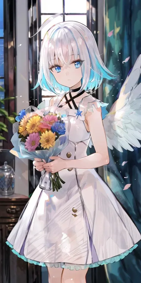 1girl, ahoge, bare arms, black choker, blue eyes, blue flower, blue theme, bouquet, choker, chromatic aberration, closed mouth, cowboy shot, criss-cross halter, curtains, dress, expressionless, feathers, flower, hair between eyes, halterneck, holding, looking at viewer, purple flower, rose, short hair, solo, standing, white dress, wings, bangs, holding bouquet, feathered wings, sleeveless, white flower, bottle, sleeveless dress, petals, multicolored hair, vase, white wings, pink hair, transparent, collarbone, indoors, angel wings, <lora:fuzi-loha-v2a:1>