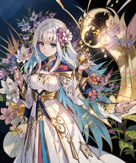 girl,colorful hair,flower,(Masterpiece:1.2, high quality),fantasy,(magical:1.2),HANABI,white evening gown,large breasts,<lora:fuzi-loha-v2a:1>,