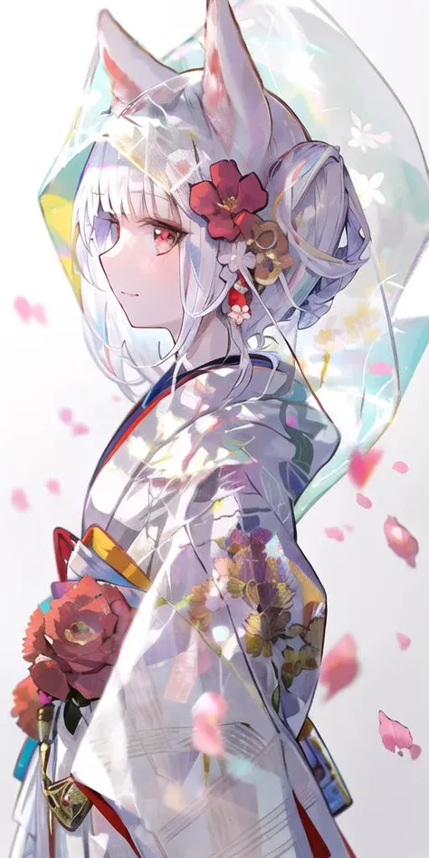 1girl, animal ears, blunt bangs, blush, closed mouth, falling petals, flower, fox ears, fox girl, hair flower, hair ornament, japanese clothes, kimono, makeup, petals, red eyes, red flower, smile, solo, upper body, white hair, white kimono, uchikake, veil, white background, from side, bangs, looking to the side, animal ear fluff, profile, looking away, multicolored eyes, looking at viewer, wataboushi, hood, bride,<lora:fuzi-loha-v2a:1>