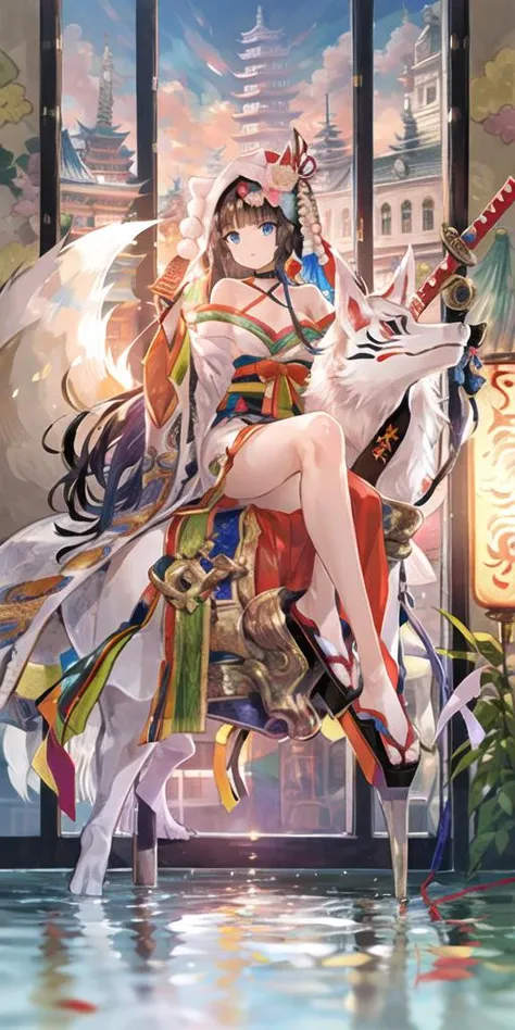 1girl, bare shoulders, black hair, blue eyes, cloud, collarbone, floral print, flower, fox mask, geta, hat, huge weapon, japanese clothes, katana, kimono, long hair, mask, mouth mask, multiple tails, noh mask, off shoulder, riding, sandals, sitting, sky, solo, sword, tail, tengu-geta, thighs, torii, tower, town, two tails, veil, very long hair, weapon,multiple torii, architecture, east asian architecture, fox, looking at viewer, wide sleeves, breasts, hair ornament, animal, bangs, water, outdoors, shawl, sheathed, cleavage, solo focus, reflection, hagoromo, sheath, sash, lantern, building, long sleeves, makeup, holding, medium breasts, walking, platform footwear, crossed legs, ootachi, <lora:fuzi-loha-v2a:1>