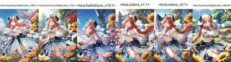 girl, :d, dutch angle
dynamic pose,
dancing, moving rapidly,
beautiful, elegant,
<lora:nilouGenshinImpact_v10:1.1:MIDD> nilou (neither flower nor mist) (genshin impact), aqua eyes, fake horns, red hair, long hair, crop top, jewelry, horns, veil, bracer, brooch, long sleeves, puffy long sleeves, skirt, bangs, twintails, puffy sleeves, neck ring, gold trim, parted bangs, circlet, blue skirt, hair ornament, detached sleeves, low twintails, floating hair, gem, hair flower, blue gemstone, dancer, white headwear, midriff, very long hair,
around the garden, flowers, butterflies, sunlight, sunflowers, lilies, roses, nature, petals, lens flare,
<lora:fuzichocoStyleLoha_v20a:1>