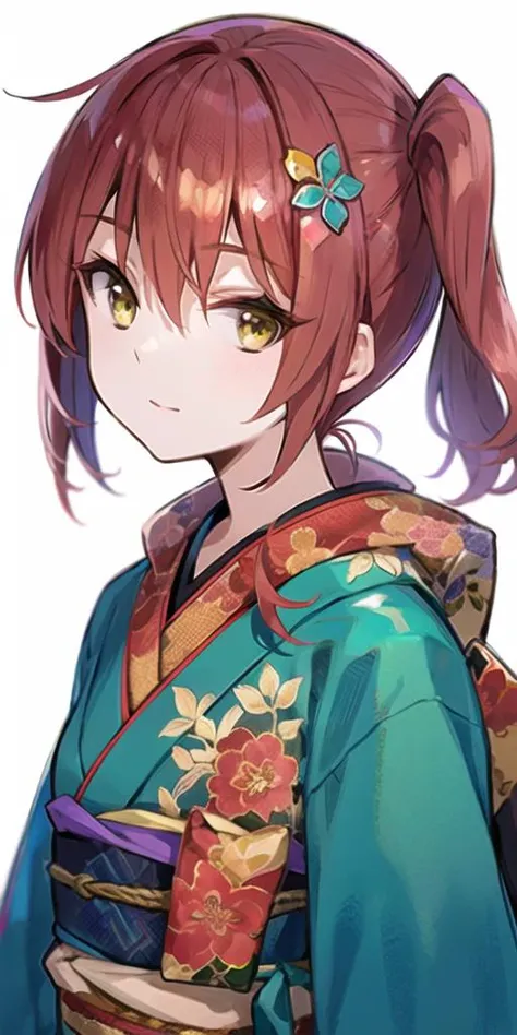 1girl,solo,kimono, red hair, yellow eyes, looking at viewer, upper body, hair flower, simple background, floral print, <lora:fuzi_loha_v1j:0.9>, <lora:kita_locon_v1a:0.5>