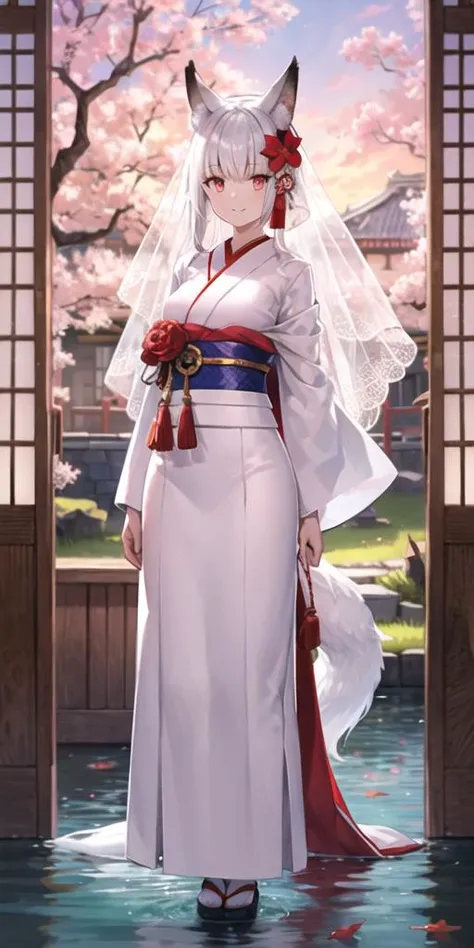 1girl, animal ears, bird, breasts, cherry blossoms, doorway, dress, flower,fox ears, fox girl, fox tail, hair ornament, japanese clothes, koi, lake, landscape, painting (object), patterned clothing,red eyes, red tassel, smile, tail, tree, veil, water,wedding dress, white hair, uchikake, kimono, solo, white kimono, looking at viewer, bride, hair flower, standing, bangs, long sleeves, closed mouth, animal ear fluff,wataboushi, sidelocks, wide sleeves, origami, bridal veil, branch, tassel, floral print,arms behind back, <lora:fuzi_loha_v1j:0.7>