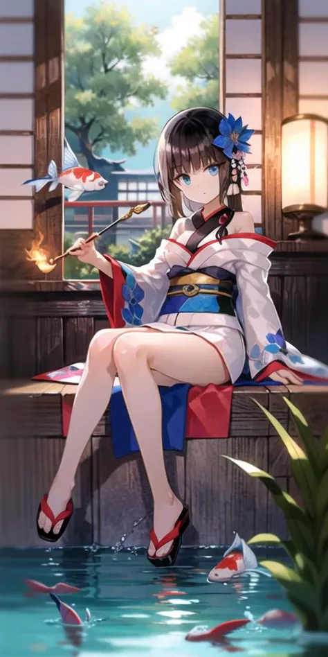 1girl, black hair, blue eyes, breasts, fish, floral print, flower, full body, hair between eyes, hair flower, hair ornament, holding, holding smoking pipe, hookah, indoors, japanese clothes, looking at viewer,obi, plant, reclining, sash, scenery, small breasts, smoking pipe, solo,water,long hair, kiseru, bangs, blue flower, blunt bangs, kimono, window, bare shoulders, sitting,koi, closed mouth, lantern, candle, brown hair, off shoulder, wide sleeves, pond, <lora:fuzi_loha_v1j:1>