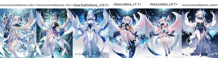 best quality, (masterpiece:1.35), wallpaper, (illustration), original,(depth of field), (1girl), (solo), full body, dynamic,purple eyes, detailed eyes, peacock wing, [peacock feather gorgeous dress:(peacock feathers):0.65], (disheveled hair), colored tips, colored inner hair, jewelry, intricated filigree, feathers on dress, (((white feathers))), volumetric lighting, jungle, Tyndall effect, peacock feathers, halation, low twintails, very long hair, white hair
 <lora:fuzichocoStyleLoha_v20a:1>