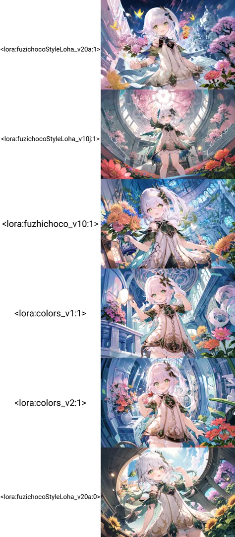 dynamic angle, fisheye, very wide shot, perspective, dutch angle, from below,
((Cinematic lighting)), (glowing), ((dramatic lighting)), ((beautiful detailed glow)), intricate detail, lens flare
looking at viewer, blush, smile, :d, open mouth
small girl dancing, white hair, green eyes
looking at viewer,
<lora:nahida_bs4_unet_2e-4_te_1e-4_dim64_alpha_32_768-000060:1:MIDD>
animal on shoulder, bird on shoulder, flower, cherry blossoms, looking at viewer, pink flower, solo, hair flower,
around the garden, flowers, butterflies, sunlight, sunflowers, lilies, roses, nature, petals, lens flare,
<lora:fuzichocoStyleLoha_v20a:1>,