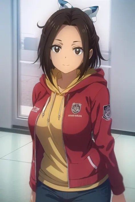 hikarihazakura, <lora:hikari hazakura s1-lora-nochekaiser:1>,
hikari hazakura, black hair, (brown eyes:1.3), hair ribbon, dark skin, dark-skinned female, smile,
BREAK jacket, pants, hood, hoodie, (red jacket:1.3),
BREAK indoors, classroom,
BREAK looking at viewer, (cowboy shot:1.5),
BREAK <lyco:GoodHands-beta2:1>, (masterpiece:1.2), best quality, high resolution, unity 8k wallpaper, (illustration:0.8), (beautiful detailed eyes:1.6), extremely detailed face, perfect lighting, extremely detailed CG, (perfect hands, perfect anatomy),