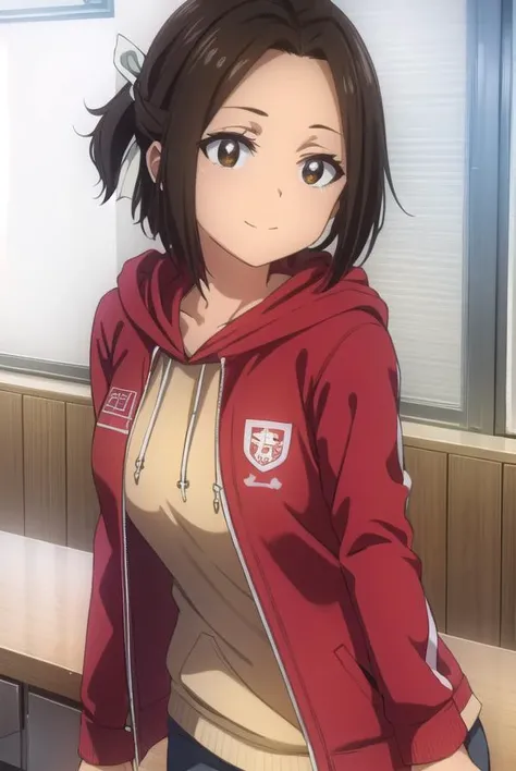 hikarihazakura, <lora:hikari hazakura s1-lora-nochekaiser:1>,
hikari hazakura, black hair, (brown eyes:1.3), hair ribbon, dark skin, dark-skinned female, smile,
BREAK jacket, pants, hood, hoodie, (red jacket:1.3),
BREAK indoors, classroom,
BREAK looking at viewer, (cowboy shot:1.5),
BREAK <lyco:GoodHands-beta2:1>, (masterpiece:1.2), best quality, high resolution, unity 8k wallpaper, (illustration:0.8), (beautiful detailed eyes:1.6), extremely detailed face, perfect lighting, extremely detailed CG, (perfect hands, perfect anatomy),