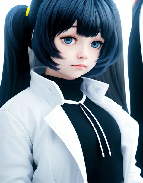 (realistic:1.3), cute, small, (closed eyes:0.6), teen girl, dark eyes, (blue eyes:0.0), (long dark blue fluffy hair:1.1), long pigtail, white coat, black shirt, (fat:1.2), russian, (asian:0.1) <lora:saikoYonebayashi_v10:0.7>