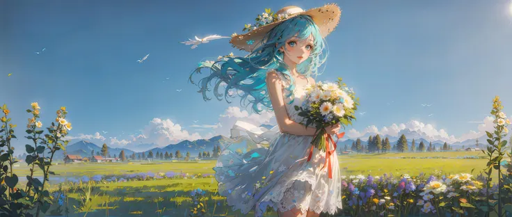 masterpiece,best quality,1girl,solo,looking at viewer,sun hat,white dress,long hair,holding,holding bouquet,flower,white flower,outdoors,field,flower field,standing,ribbon,aqua hair,light,sky,sunlight,<lora:Pastlight:0.8>,