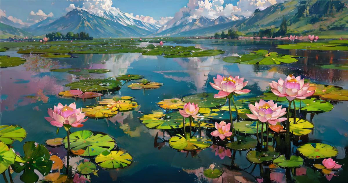 (masterpiece), best quality, landscape, oil painting, lotus flower lake, crystal clear water, pink lotus flowers, mid day sky, dragon fly sourrouding the lotus flowers, natural light, flower, reflections <lora:add_detail:0.42> <lora:Cosmic anime-oil fusion v2:0.33> <lora:Dragonfly:0.36> sitting on a leaf, wings spread <lora:loahrenrustyle_noise:0.89> <lora:Reflections:0.41>