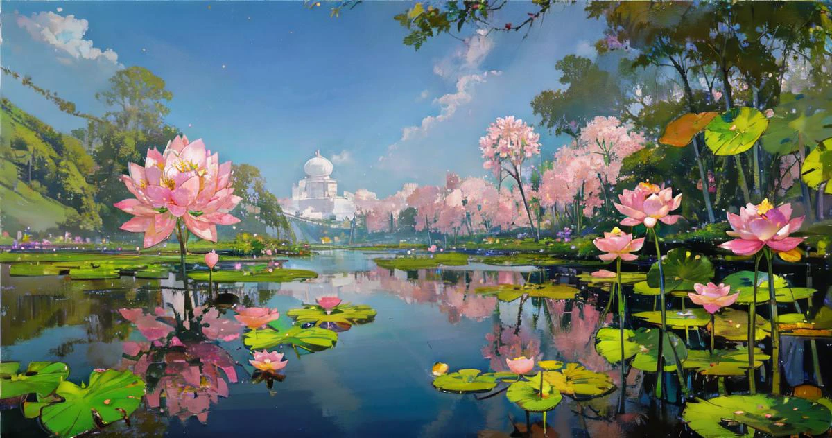 (masterpiece), best quality, landscape, oil painting, lotus flower lake, crystal clear water, pink lotus flowers, mid day sky, dragon fly sourrouding the lotus flowers, natural light, flower, reflections <lora:add_detail:0.42> <lora:Cosmic anime-oil fusion v2:0.33> <lora:Dragonfly:0.36> sitting on a leaf, wings spread <lora:loahrenrustyle_noise:0.89> <lora:Reflections:0.41>