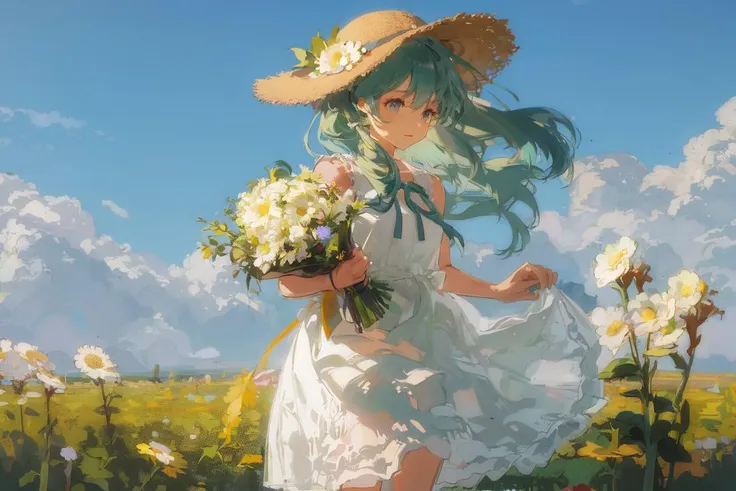 kahuka1, 1girl, flower, dress, solo, hat, white dress, long hair, bouquet, white flower, holding, outdoors, field, white headwear, flower field, holding bouquet, skirt hold, standing, sun hat, ribbon, holding flower, hatsune miku, bow, aqua hair,light,sunlight,,<lora:loahrenrustyle_noise:0.9>