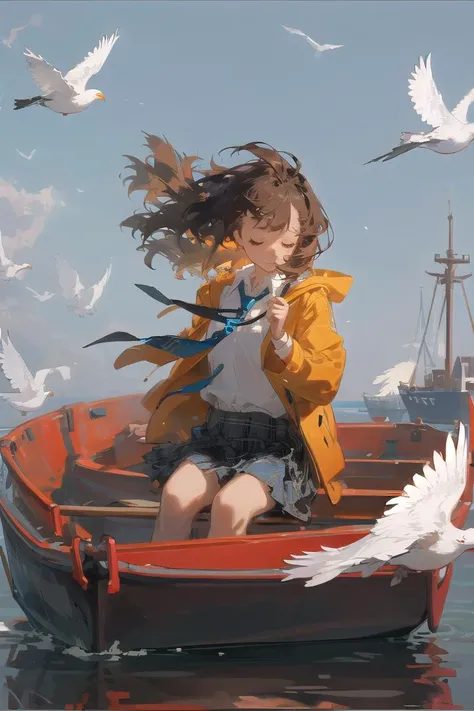 1girl, bird, watercraft, boat, solo, brown hair, skirt, sitting, outdoors, long hair, sky, shirt, jacket, blue sky, holding, white shirt, water, seagull, bag, necktie, closed eyes, plaid skirt, pleated skirt, long sleeves, collared shirt, wind, plaid, day, instrument, school uniform, floating hair, music, hood down, hood, closed mouth, playing instrument, bangs, medium hair, yellow jacket, swing, ship, coat, scenery, flock, holding instrument, white bird
 <lora:loahrenrustyle_noise-000018:0.8>