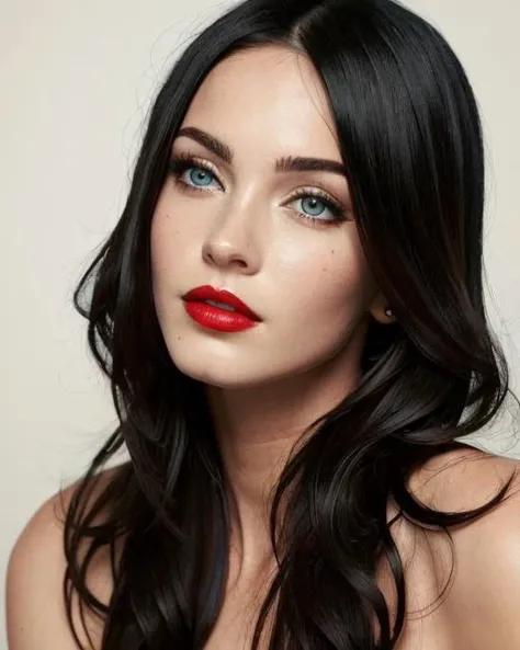 best quality, high quality, masterpiece,Megan, 1girl, solo, long hair, blue eyes, nose, looking at viewer, off shoulder, black hair, mole, upper body, lips, makeup, realistic, red lips, realistic,