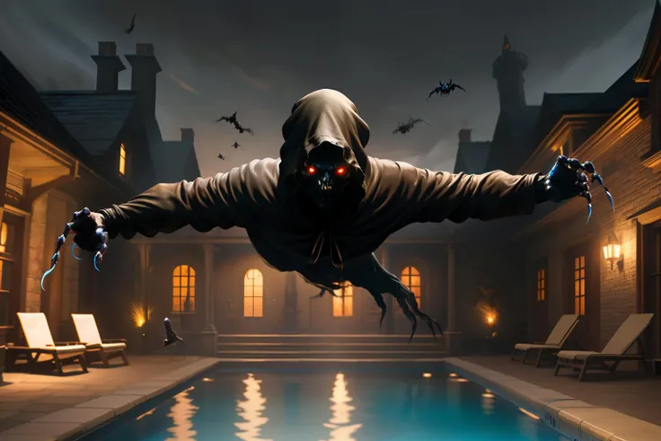 long range, male, wraith, hood, cloak, red eyes, glowing eyes, claws, flying around, backyard, mansion, pool, chairs, arms reaching out, <lora:RPGWraith:.9>