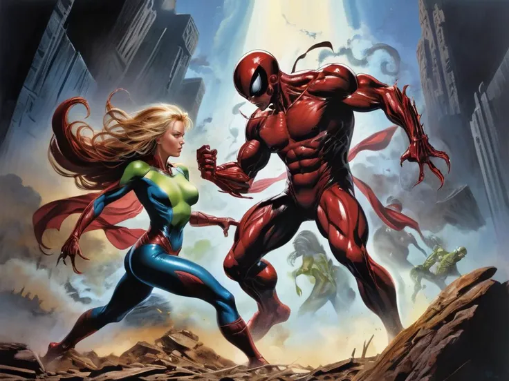 comic masterpiece, hdr, 8k, vibrant colors, sexy alien villain battling a male super hero, 1boy, 1girl, (unleashing their powers:1.2), enveloped in energy, full body shot, <lora:mike_deodato_xl_v1:0.5> Mike Deodato <lora:mkdrgs:0.7> hyperreal, hyperrealistic, hyperrealism, hyperrealistic painting, mkdrgs style, graphic illustration, comic art, graphic novel art, vibrant, highly detailed, high key lighting